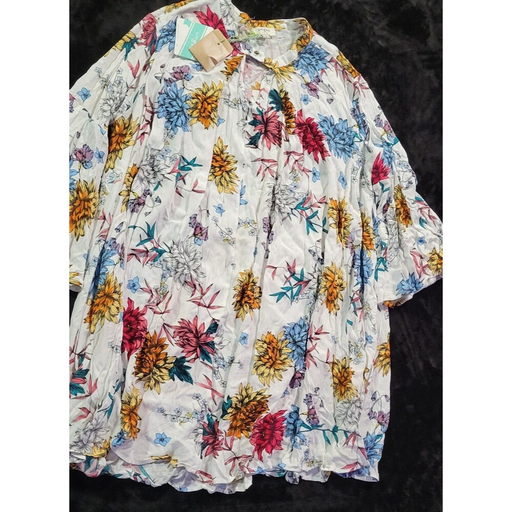 Umgee Shirt Women Large White Cream Pink Floral 3/4 Flare Sleeve Tunic Colorful